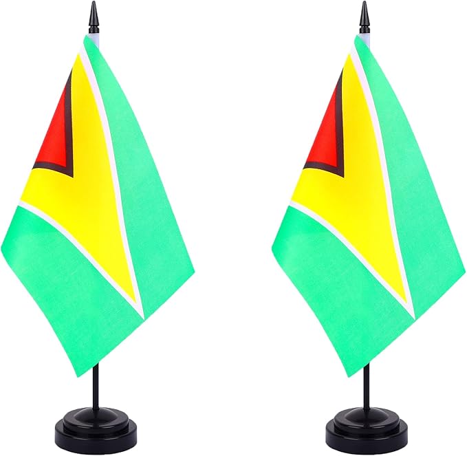 WXTWK 2 Pack Guyana Flag Guyana Deluxe Desk Flag Set - Mini Small Guyanese Table Office Flags with Black 12" Solid Pole Stand Base Classroom Meeting Desktop Decorations