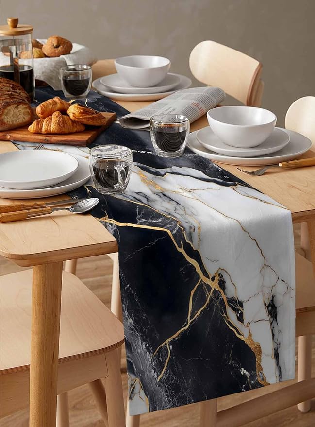Black White Marble Cotton Linen Table Runner for Dining Kitchen, Wedding Outdoor Party Tablerunners Decoration, Nature Marble Crack Modern Art Dresser Scarf Coffee Tablecloth Runners 13x90 Inches