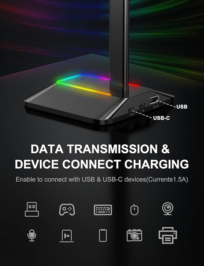 New bee RGB Headphone Stand with 1 USB-C Charging Port and 1 USB Charging Port, Desk Gaming Headset Stand with 7 Light Modes for All Earphone Accessories (Black)