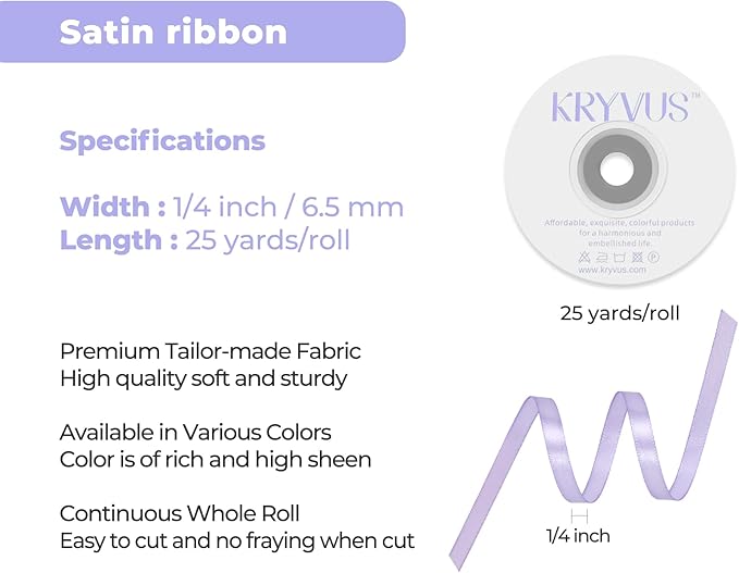 Lavender Satin Ribbon 1/4 inch X Continuous 25 Yards, Single Face Polyester Ribbon Perfect for Gift Wrapping, Flower Bouquet, Wedding Decor, Crafts, Bow Making, Sewing and More