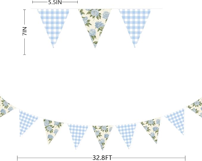 32Ft Blue Flora Party Decorations Blue Gingham HydrangeaTriangle Flag Fabric Banner Pennant Garland Streamer for Flora Birthday Vintage Flower Baby Shower Wedding Tea Party Garden Decor Supplies