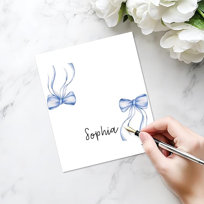 25 Pack Blue Bow Place Cards, Editable Name Cards for Table Setting, Watercolor Tent Cards Food Label for Dinner Party, Bridal Shower, Wedding, Baby Shower and Events -T32