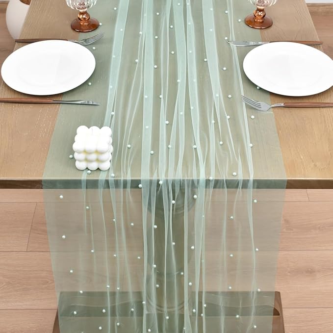 Joanlody Fall Pearl Table Runner 10ft Rustic Boho Tulle Table Runner with Pearls for Baby Shower Wedding Party Veil Dessert Thanksgiving Table Decor Sage Green