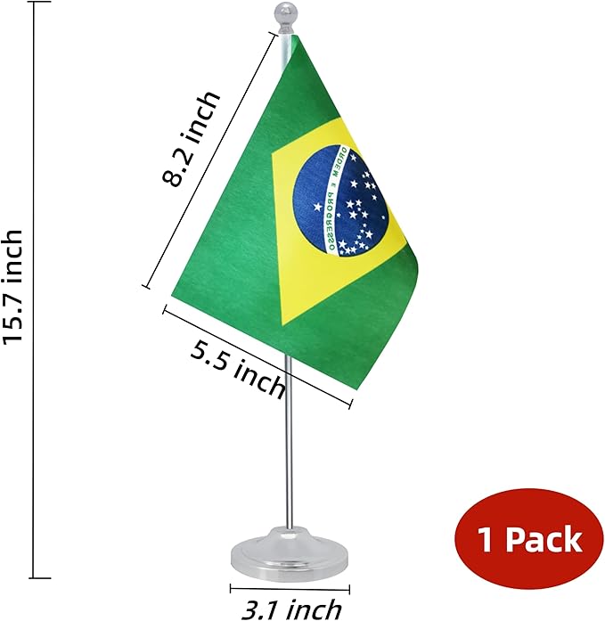 Brazil Desk Flag, Brazilian Table Office Flag with Metal Pole and Stand Base, International Country Flags, Festival Event Celebration, Classroom Meeting Desktop Decor (Brazil)