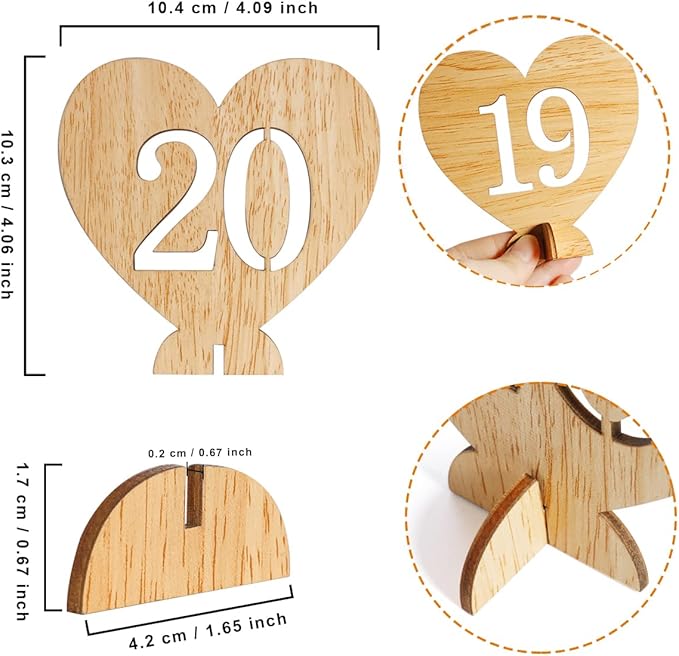 Heart Shape Wooden Table Numbers 1-20 With Holder Base - Rustic Hollow Out Wood Cards for Wedding, Party, Event Decoration