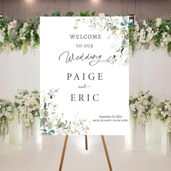 Welcome To Our Wedding Sign, Personalized Wedding Welcome Sign, Green Floral Wedding Welcome Sign Printed, Eucalyptus Floral Mr And Mrs Sign For Wedding, Welcome Wedding Sign With Stand