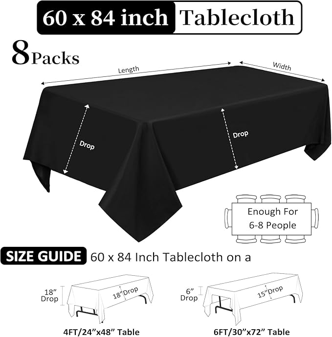 8 Pack Black Tablecloths 60 x 84 Inch Rectangular Table Cloths for Rectangle Tables 4ft, Wrinkle Resistant Black Table Cloth Washable Polyester Fabric for Buffet Wedding Party Banquet