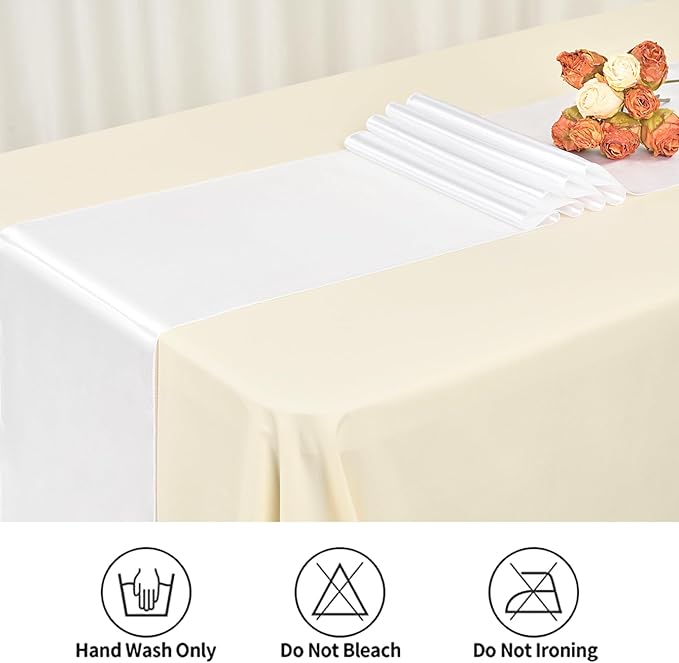 12 Pack White Satin Table Runner 12 x 108 inch Long Premium Smooth Table Runner for Wedding, Banquets, Birthday, Party, Graduation, Engagements,Table Runners fit Rectangle and Round Table