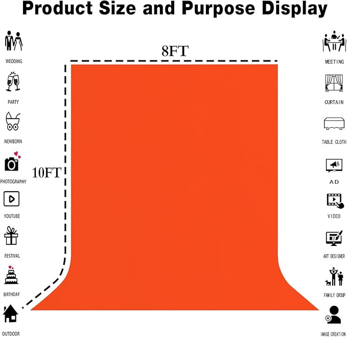 8x10FT Orange Screen Backdrop for Photography Solid Color Photoshoot Background High Density Portrait Screen for TV Recording Photo Video Studio Art Props