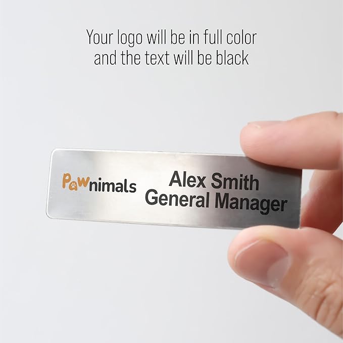 Personalized Name Tag Badges Identification Customized with Text & Logos, Acrylic Name ID for Clothing with Pin or Magnetic Backing, Gold & Silver Plates for Business or Employees
