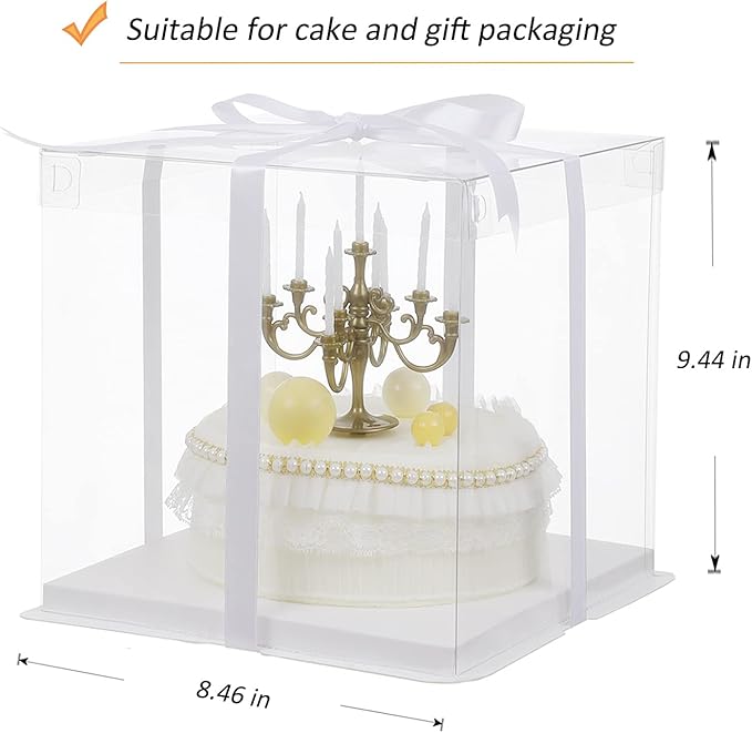 XININSUN 6Pcs clear cake Box with Ribbon, 8 X 8 X 9inch tall cake box,8inch Bakery Take Out Transport Containers Clear Gift Boxes for Wedding, Birthday, Party