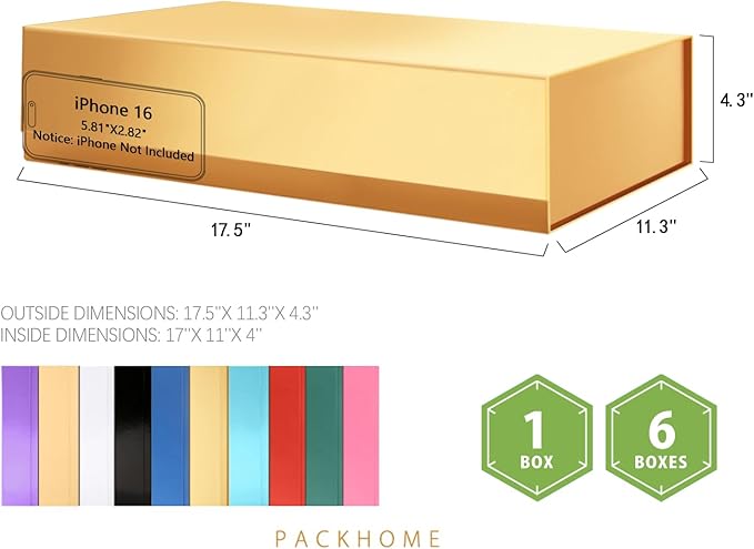 PACKHOME Extra Large Gift Box 17.5x11.3x4.3 Inches, Sturdy Shirt Box with Magnetic Lid for Clothes and Large Gifts (Glossy Gold)