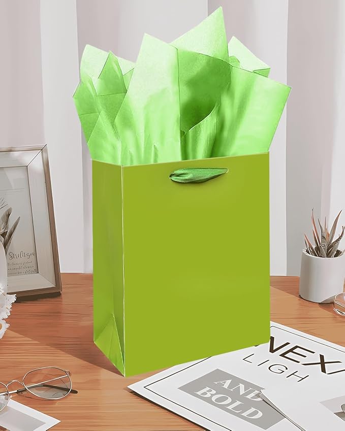 Gcardist Emerald Green Gift Bags with Tissue Paper for Wedding, Birthday, Party Supplies - 7.9"x4.3"x9.6" Medium Size Cardboard Gift Bags (5pcs + 10pcs Tissue Paper)