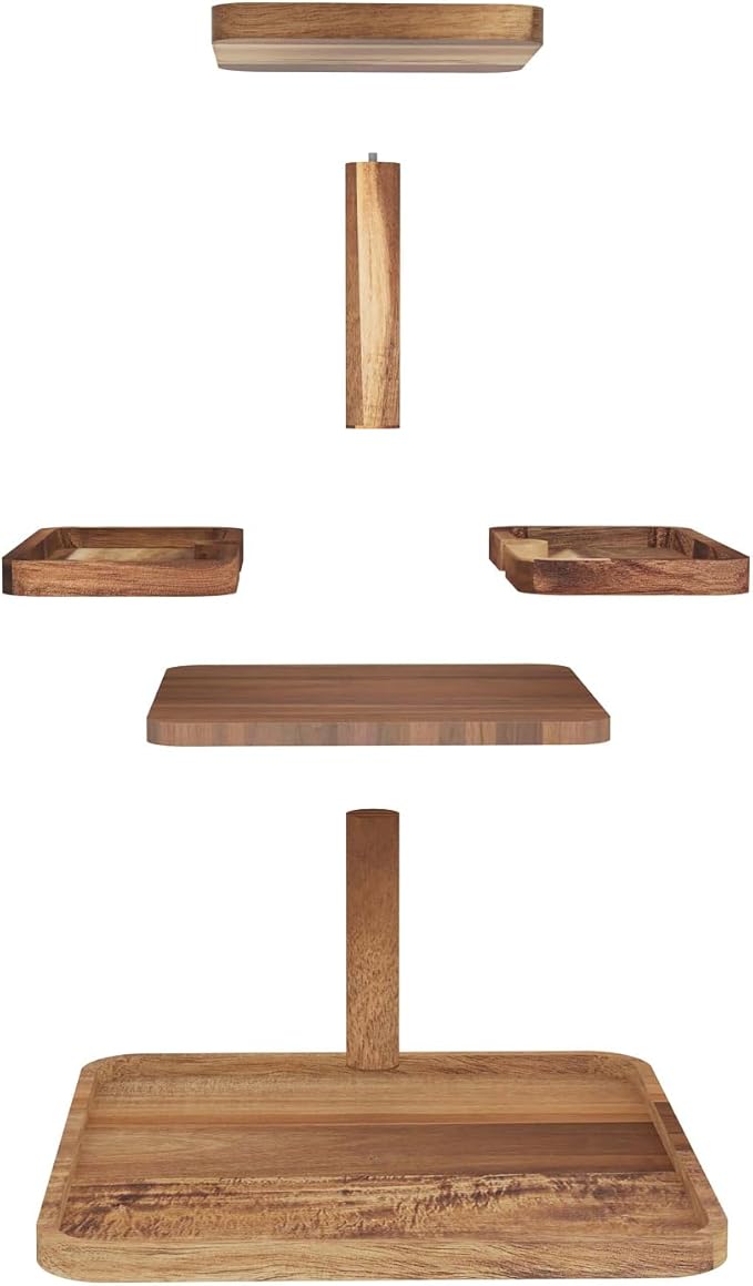 Acacia Wood 3 Tier Cupcake Stand with 2 Removable Snack Tray, Rustic Square Cup Cake Tower Stand for 25 Cupcakes, Display Cakestand for Wedding, Birthday, Serving Tea Party, Natural