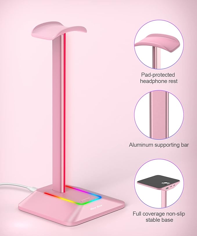 New bee RGB Headphone Stand with 1 USB-C Charging Port and 1 USB Charging Port, Desk Gaming Headset Stand with 7 Light Modes and Non-Slip Rubber Base Suitable for All Earphone Accessories (Pink)