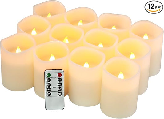 Flameless Candles Battery Operated Candles Set of 12(D:3" X H:4") Pillar Real Wax Led Candles with 10-Key Remote and Cycling 24 Hours Timer