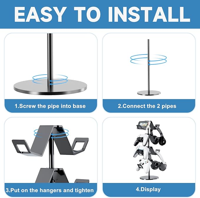 Controller Holder 4 Tier,Headphone Stand - Adjustable Headset Holder for Xbox PS5 PS4 Switch Pro - Gaming Storage for Universal Game Accessories,Desk/Floor(Black)