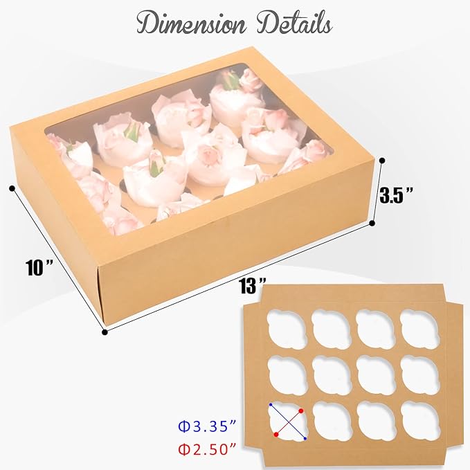 12 Cupcake Containers 12-Packs Brown Cupcake Box Cupcakes Carrier, 12 Cupcake Boxes with Window 13"x10"x3.5"（Auto-pop up）