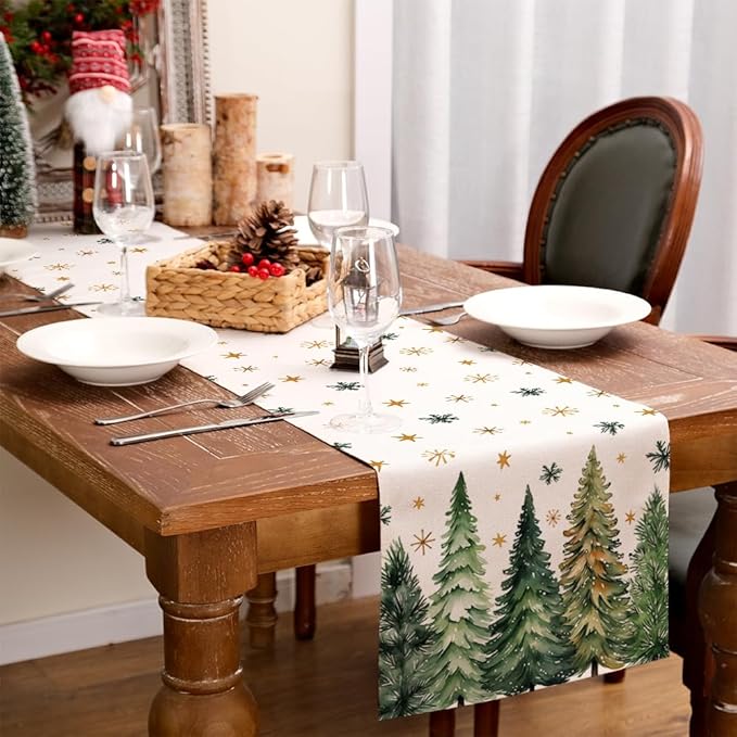 GEEORY Christmas Table Runner 13x72 Inch, Xmas Tees Snowflakes Holiday Decorative Farmhouse Table Decoration for Kitchen Dinning, Indoor Outdoor Dinner Party Decor (Light Green) GT166-72