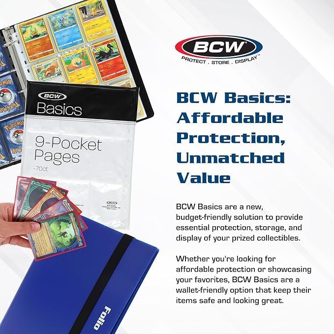 BCW Basics Folio 9-Pocket Card Album - Blue | Archival Safe, Side-Loading Binder | Premium Storage Solution for Trading Cards, Sports Cards, and More | 360-Card Capacity