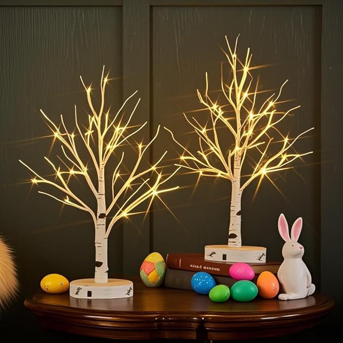 LITBLOOM 2 Sets Lighted Tabletop Birch Tree with Timer USB Plug-in or Battery Operated, Easter Tree Lights 18IN 24 LED for Wedding Party Christmas Table Decoration