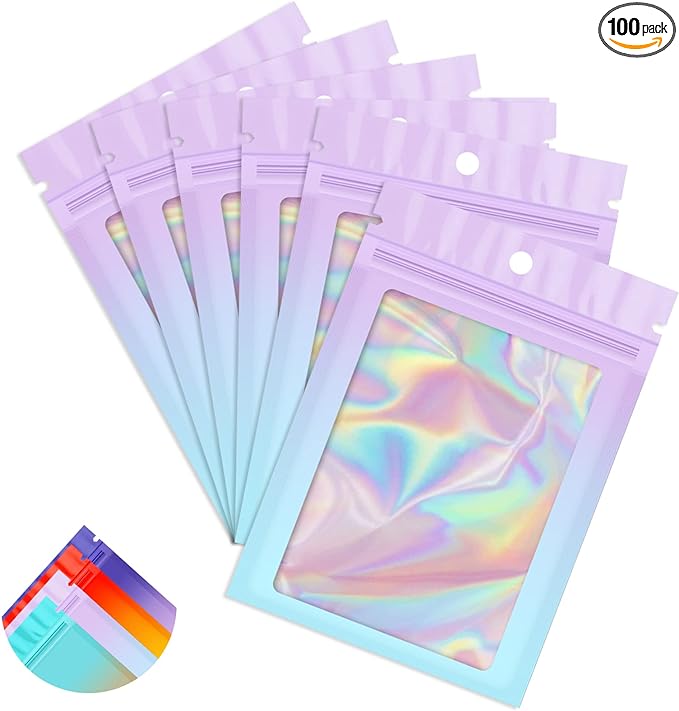 Funfery 100 Pack Gradient Holographic Bags,Mylar Resealable Bags with Zipper,Clear Window Packaging Pouch,Smell Proof Bag for Food Storage,Sample Jewelry Baggies(3.5×4.7in,Purple Blue)