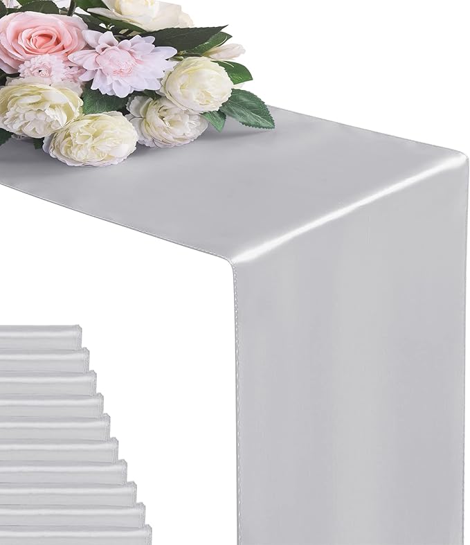 6Pack Table Runner 12 x 108 Inches Satin Silk Table Runner for Wedding, Birthday Party, Banquets, Graduations Decoration, fit Rectange and Round Table-Silver