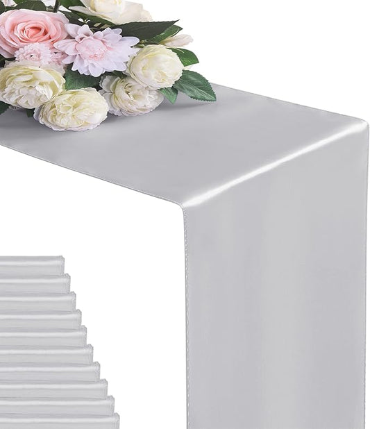 6Pack Table Runner 12 x 108 Inches Satin Silk Table Runner for Wedding, Birthday Party, Banquets, Graduations Decoration, fit Rectange and Round Table-Silver