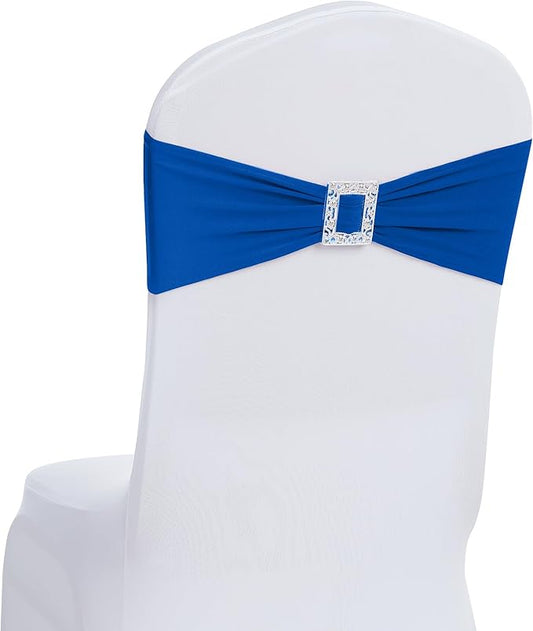 Joccun 120 PCS Spandex Chair Sashes Bows Stretch Chair Cover Band with Buckle Slider Universal Elastic Chair Ties for Wedding Banquet Party Event Decoration (Royal Blue)
