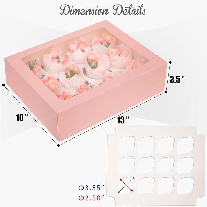 12 Cupcake Containers 20-Packs Pink Cupcake Box Cupcakes Carrier, 12 Cupcake Boxes with Window 13"x10"x3.5"（Auto-pop up）