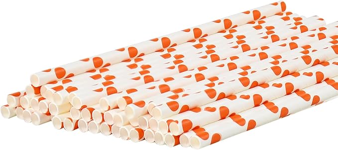 Orange Polka Dots Paper Drinking Straws 7.75 inch Disposable 100 Counts - for Drinks, Juice, Cocktail, Party, Bars, Restaurants
