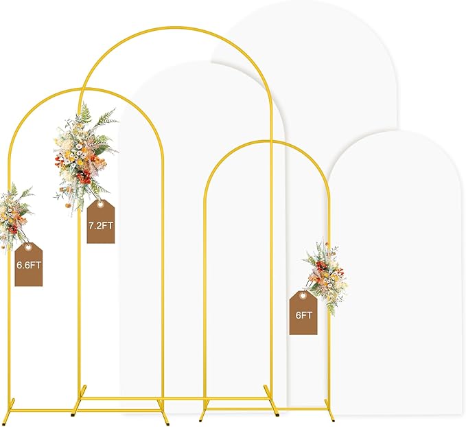 MODFUNS Arch Backdrop Stand with Cover 6&6.6&7.2ft Gold Wedding Arch Stand Set of 3 White Arch Backdrop Covers Backdrops Stand for Party Birthday Banquet Wedding Arched Frame