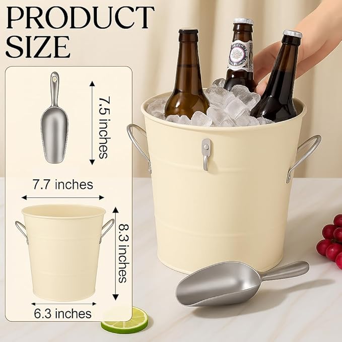 Insulated Ice Bucket with Lid Scoop Handle for Parties Cocktail Bar, 4L Round Mental Champagne Drink Wine Bucket for Drinks White