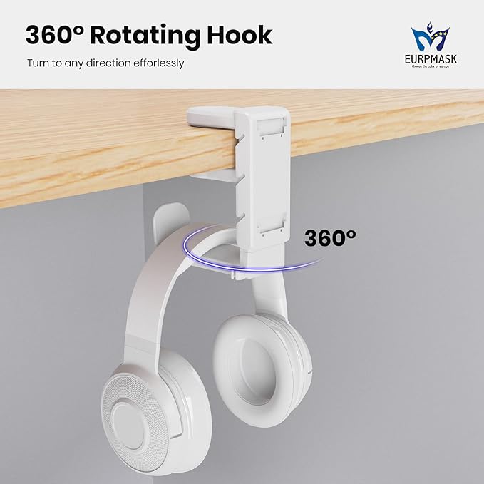 3-in-1 PC Gaming Headset&Controller Holder - EURPMASK Headphone Stand w/Adjustable Clamp&2 Controller Holder&Rotating Arm&Cable Organizer, Universal PC Gaming Accessory Controller Headset Stand-White