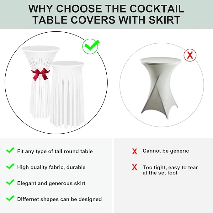 Cocktail Table Covers - 2 Pack 24"x 43" White Cocktail Table Tablecloth with Natural Wavy Round Skirt for Bar Wedding Party Banquet