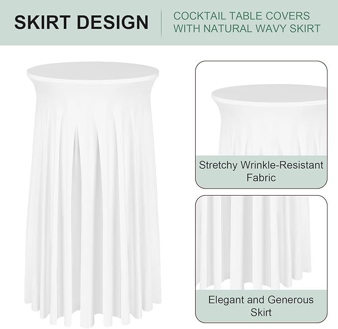 Cocktail Table Covers - 2 Pack 24"x 43" White Cocktail Table Tablecloth with Natural Wavy Round Skirt for Bar Wedding Party Banquet