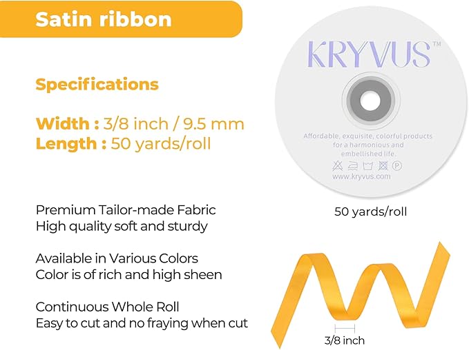 Yellow Satin Ribbon 3/8 inch X Continuous 50 Yards, Single Face Polyester Ribbon Perfect for Gift Wrapping, Flower Bouquet, Wedding Decor, Crafts, Bow Making, Sewing and More
