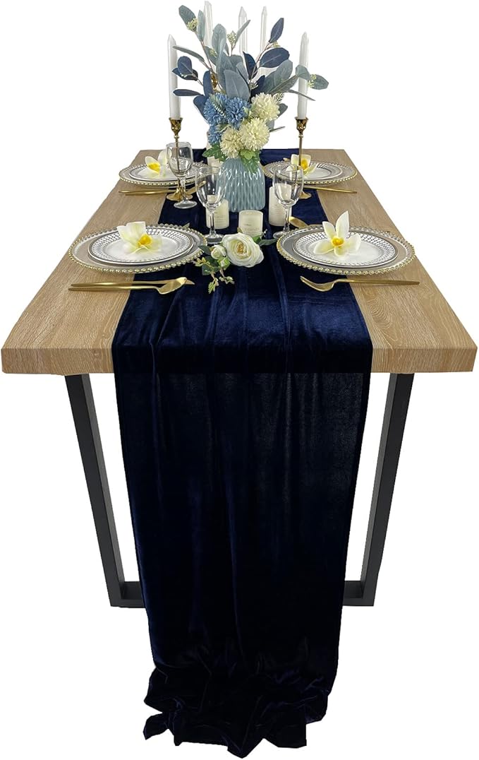 Luxurious Velvet Table Runner, 10ft Wedding Reception Decorations, 20x120inch Soft Velvet Fabric, Table Linen Overlay, Wedding Table Runners (Navy Blue, 20X120inch)