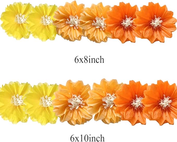 12pcs 8in 10in Paper Flowers Tissue Flowers Pom Paper Pom Poms Hanging Paper Flowers Wall Backdrop Wedding Party Flower Decorations DIY Art Craft Blooms for Birthday Baby Shower Decor Yellow Orange