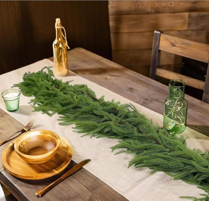 Christmas Decorations Artificial Norfolk Pine Garlands 6FT 4Pcs, Real Touch Winter Pine Garland, Green Artificial Greenery Garland for Table, Mantle, Wall, Indoor, Outdoor Decorations