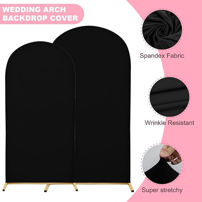Wedding Arch Covers Arch Backdrop Cover Arch Stand Covers 7.2FT 6FT Set of 2 Arch Cover Spandex Fabric Stretchy Backdrop for Wedding Birthday Party Decoration Baby Shower (Black, Cover Only)