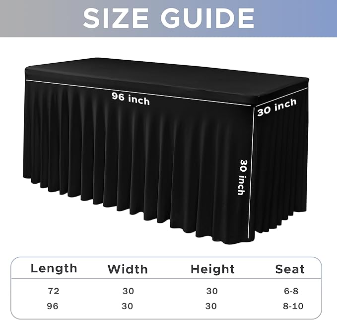 Nasitos Black Table Skirt for 8 Foot Rectangle Tables, 2 Pack - 96 x 30 Inch - Stretch Spandex Fitted Table Clothes, Fabric Table Covers Cocktail Tablecloths for Party, Banquet, Birthday