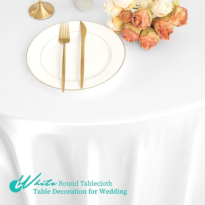 12 Pack 120 Inch White Satin Tablecloth - Premium Bright Silky Round Tablecloth Overlay Smooth Fabric Table Cover, Table Decoration for Wedding Party Banquet Events Restaurant Kitchen Dining