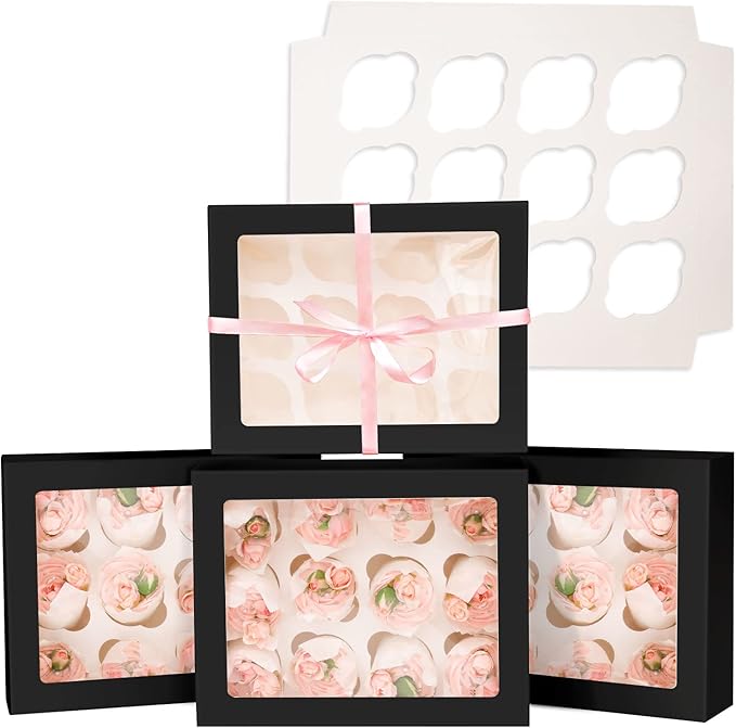 12 Cupcake Containers 10-Packs Black Cupcake Box Cupcakes Carrier, 12 Cupcake Boxes with Window 13"x10"x3.5"（Auto-pop up）