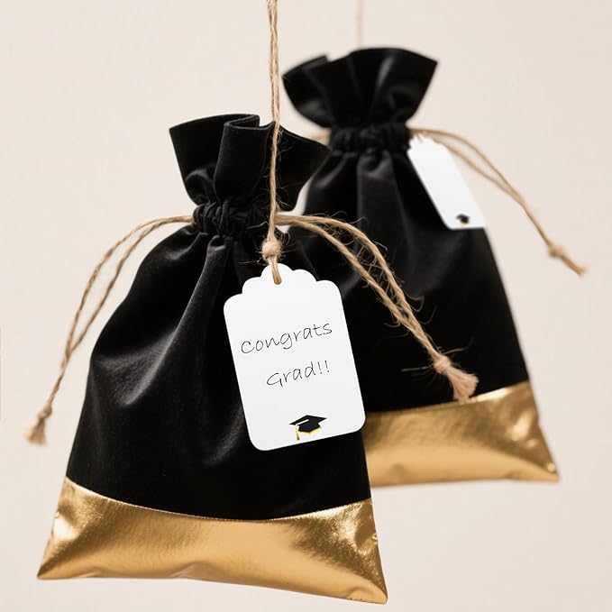 100Pcs Blank Gift Tags with String Foil Black Gold Grad Cap Large Paper Gift Tags with 65 Ft Jute Twine for Congratulations Graduation Congrats Grad Class of 2025 Party