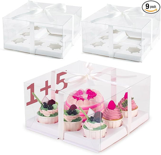 JCD 9 Packs Cake Cupcakes Combo Box 1+5 Cupcake Containers with Gift Ribbon Bento Clear Boxes (5 Cupcakes with a mini Cake) (1+5/9Pcs)