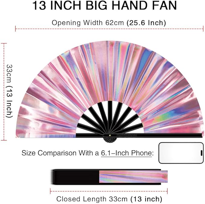 13" Large Folding Rave Fan with Holster, Clack Hand Fans Foldable for Line Dancing, Boots On The Ground Fan for Women Men Festival EDM Party Decoration, Holographic Pink