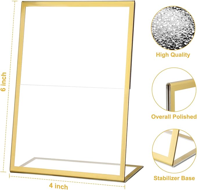 EHWINE 12 Pack Acrylic Sign Holder 4 x 6, Gold Picture Frame Stand up Table Top Sign Holders, Slanted Back Paper Holder Clear Display Stand Menu Flyer Holder for Wedding Party