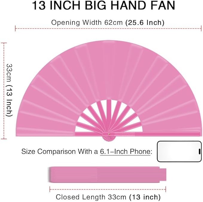 13" Large Folding Rave Fan with Holster, Clack Hand Fans Foldable for Line Dancing, Boots On The Ground Fan for Women Men Festival EDM Party Decoration, Pink 2 Pack