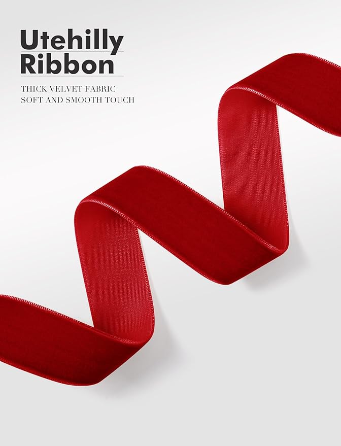 Red Christmas Velvet Ribbon for Tree, Gift Wrapping, Flower Bouquet, Wreath Decorations, Bow Making 5/8'', 25 Yards